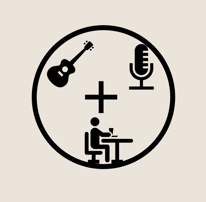 Icons of a guitar, microphone, person working on a laptop, and a clock inside a circle.