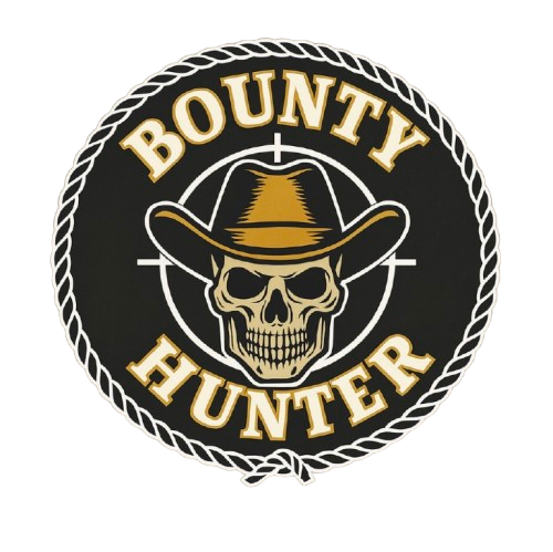 Bounty Hunter badge featuring a skull wearing a cowboy hat, with a crosshair target behind it, and the words "Bounty Hunter" in bold letters.