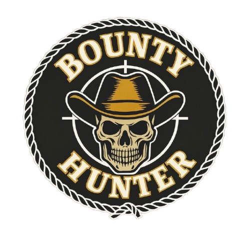 Logo of Bounty Hunter featuring a skull wearing a cowboy hat, surrounded by a rope border.