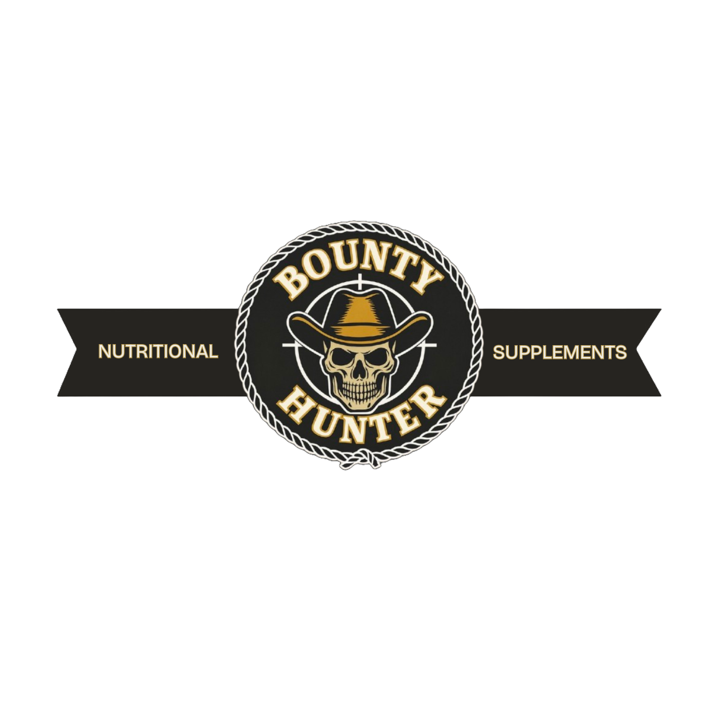 Logo for Bounty Hunter Nutrition Supplements featuring a skull wearing a cowboy hat, with decorative rope border, and text indicating nutritional supplements.