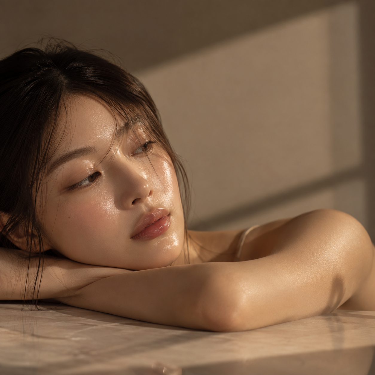 Close-up portrait of a woman resting her head on her arms in warm sunlight