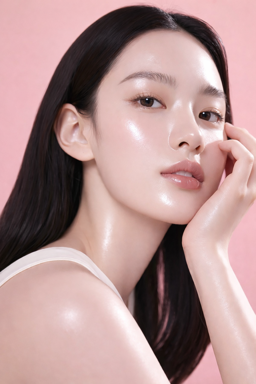 A close-up of a woman with smooth, shiny skin and long dark hair, gently touching her face with her hand, set against a pink background.
