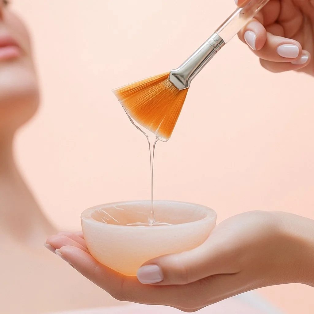 A person holding a small bowl, with an artist's brush above it dripping a clear liquid, with part of their face visible on the left side of the image.