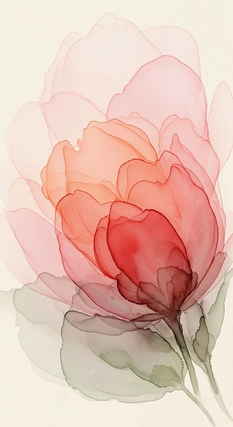 Watercolor painting of a pink and red flower with green leaves.