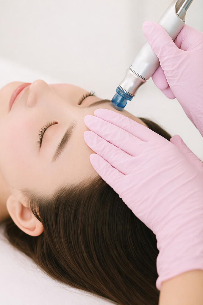 A woman receives a facial treatment with a device applied to her forehead, while lying down with her eyes closed, wearing pink gloves.