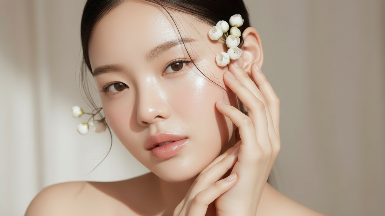 Close-up of a woman with clear skin and natural makeup, touching her face with one hand, and small white flowers tucked behind her ear.