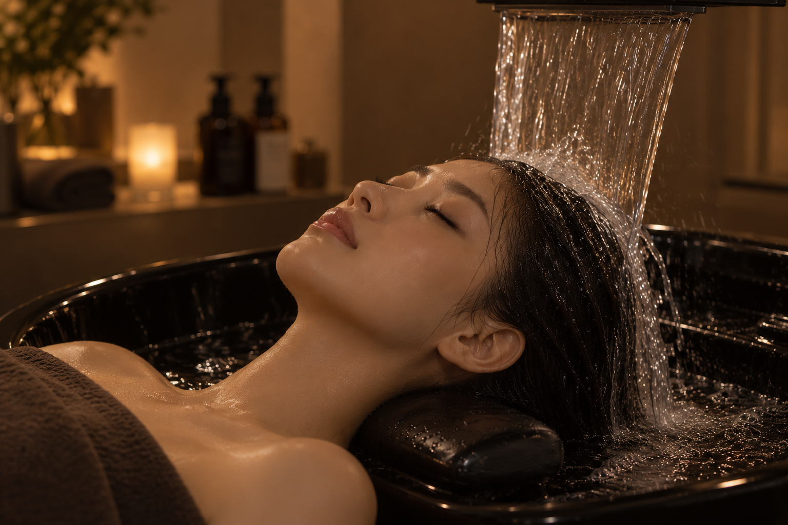 Woman relaxing at a spa while warm water flows over her hair in a shampoo basin