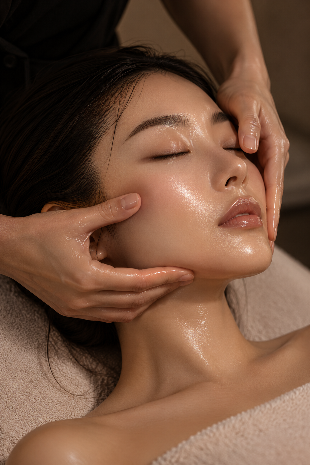 A woman lying down with her eyes closed, receiving a facial treatment with a white mask applied to her face.
