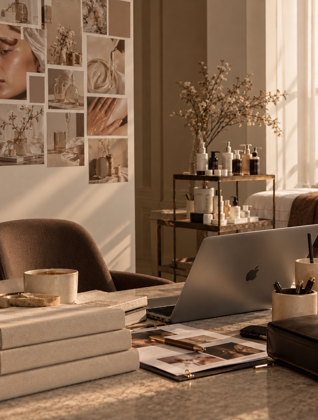 A laptop, a cup of coffee on a saucer, and a stack of books on a white desk. Behind the desk, there are beige vases, a plant, and a large vase with pampas grass, all near a window allowing sunlight to fill the space.