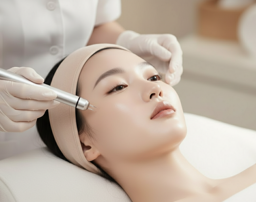 A woman receiving a facial treatment with an electronic device at a spa or clinic.
