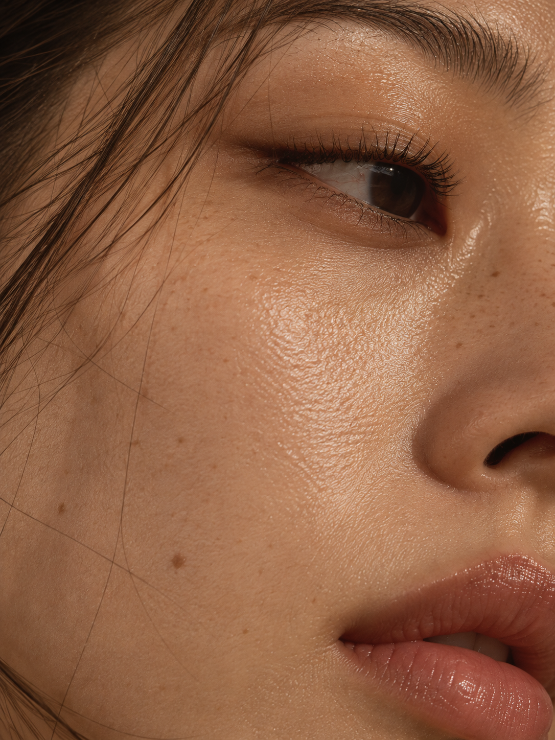 Extreme close-up portrait of a person’s eye, cheek, nose, and glossy lips with natural skin texture.