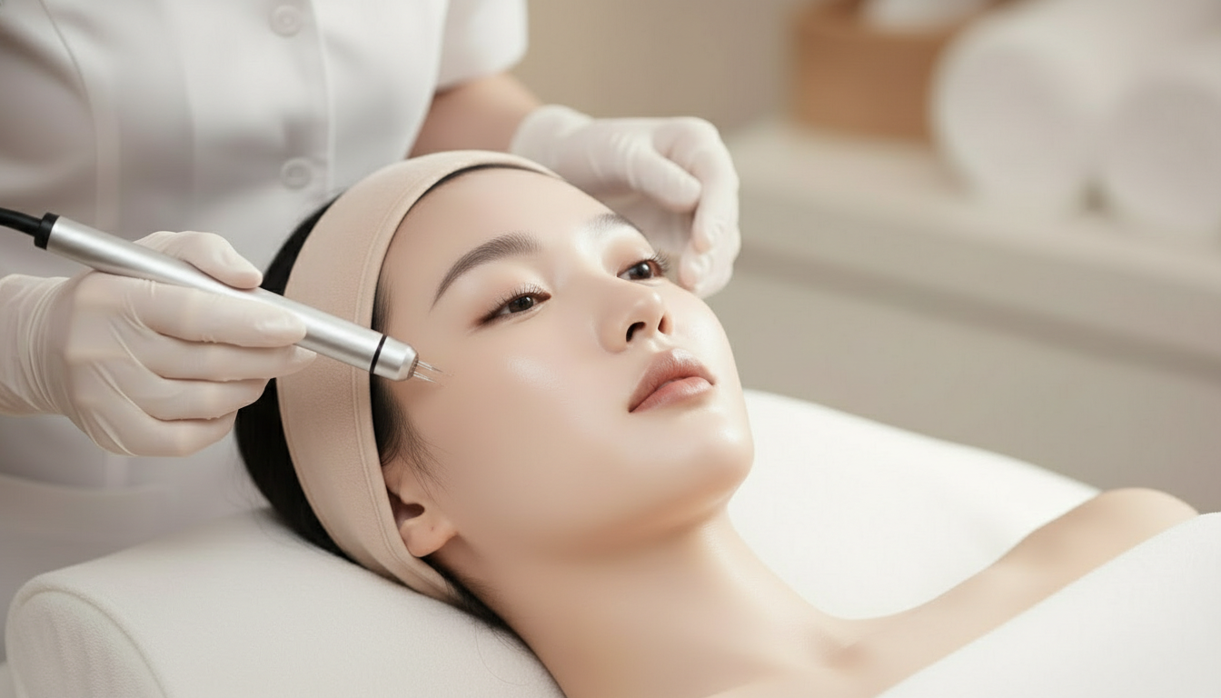 A woman receiving a facial treatment or skin procedure in a spa or clinic setting, lying on a treatment bed with a headband, while a professional uses a handheld device near her face.