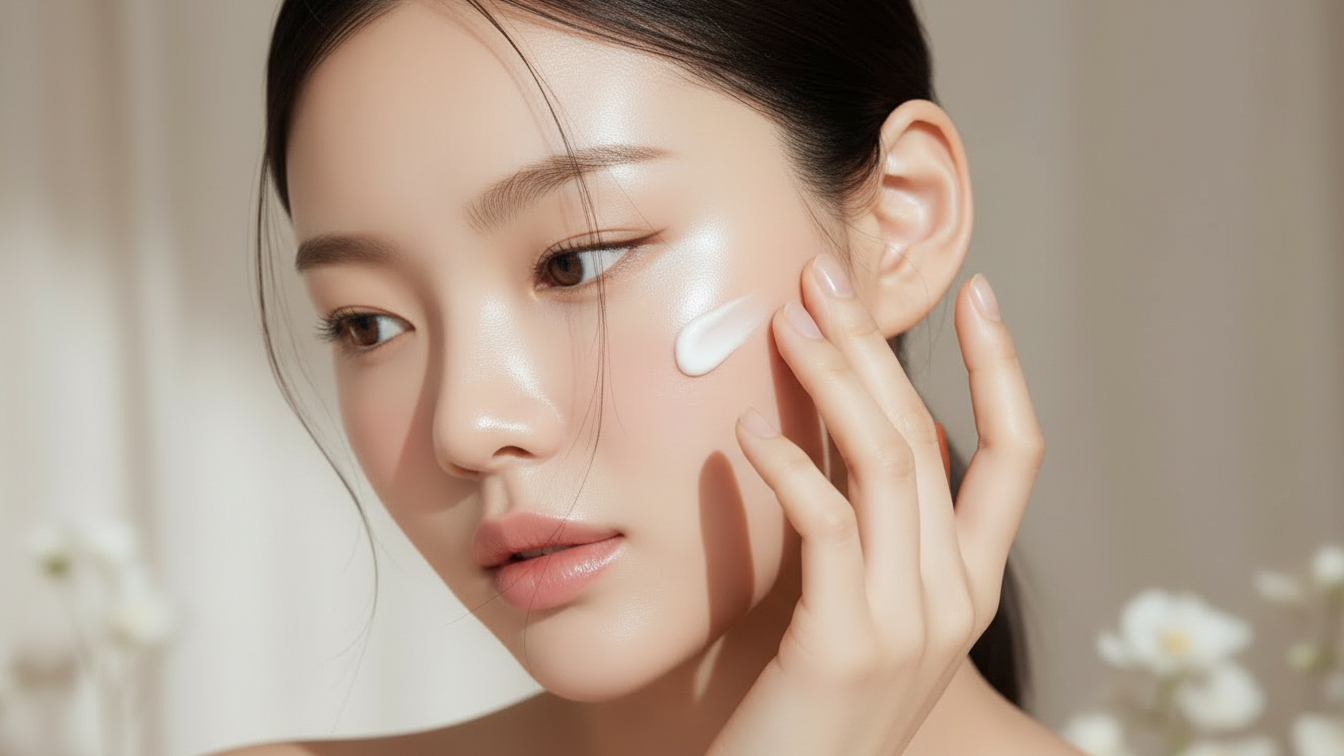 A young woman with fair skin applying skincare cream to her cheek in a well-lit room.