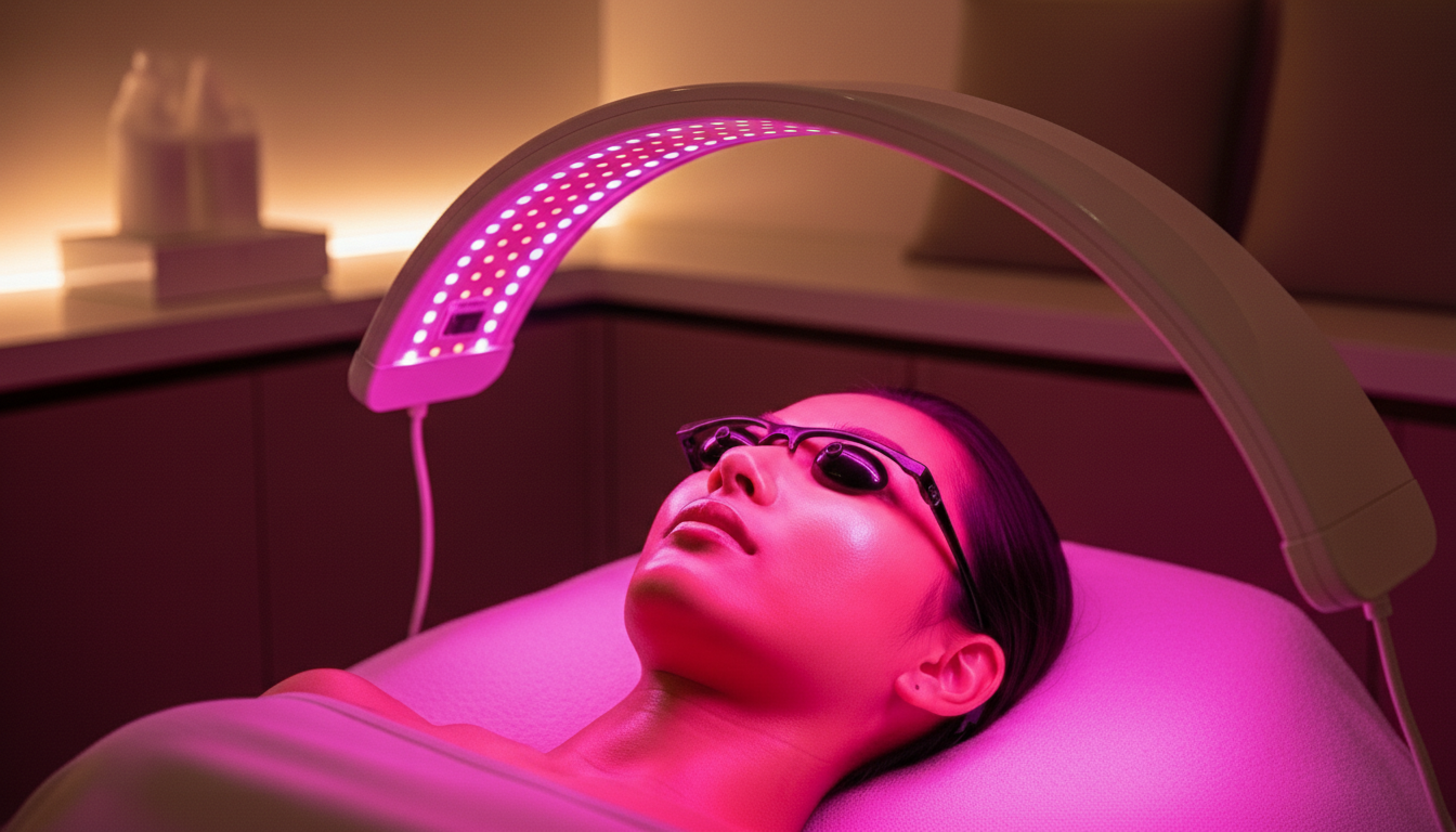 A woman lying on a treatment bed wearing protective glasses, undergoing a pink LED light therapy session with a large, curved LED light device overhead in a dimly lit room.