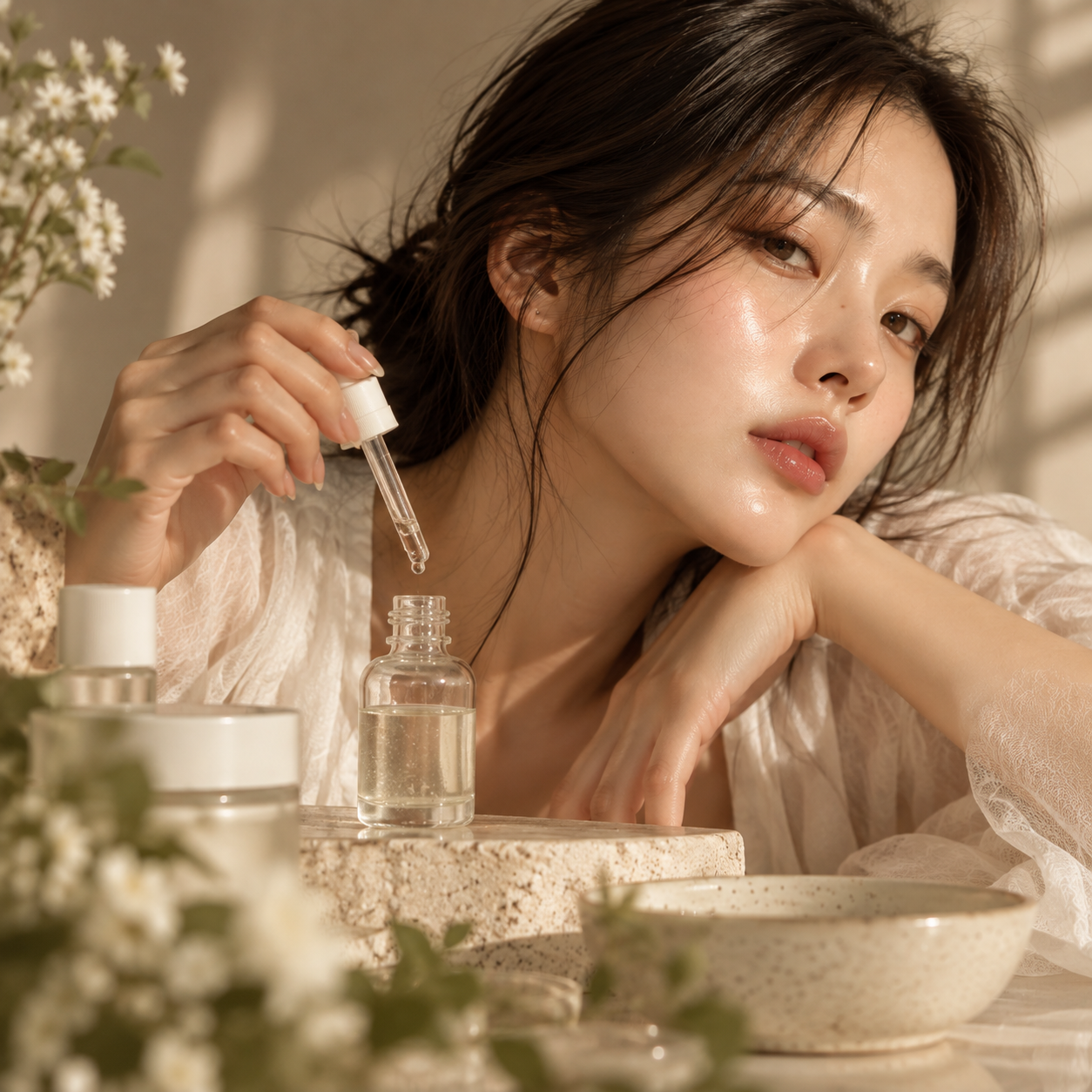 Woman holding a skincare serum dropper beside an open glass bottle in a warm, floral setting