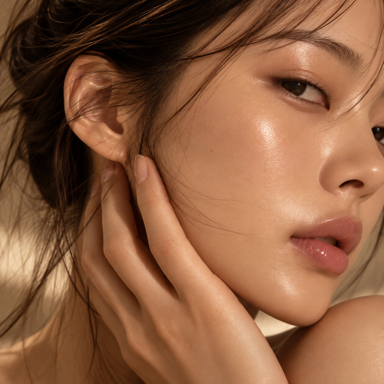 Close-up beauty portrait of a woman with glowing skin, brown eyes, and dark hair touching her cheek.