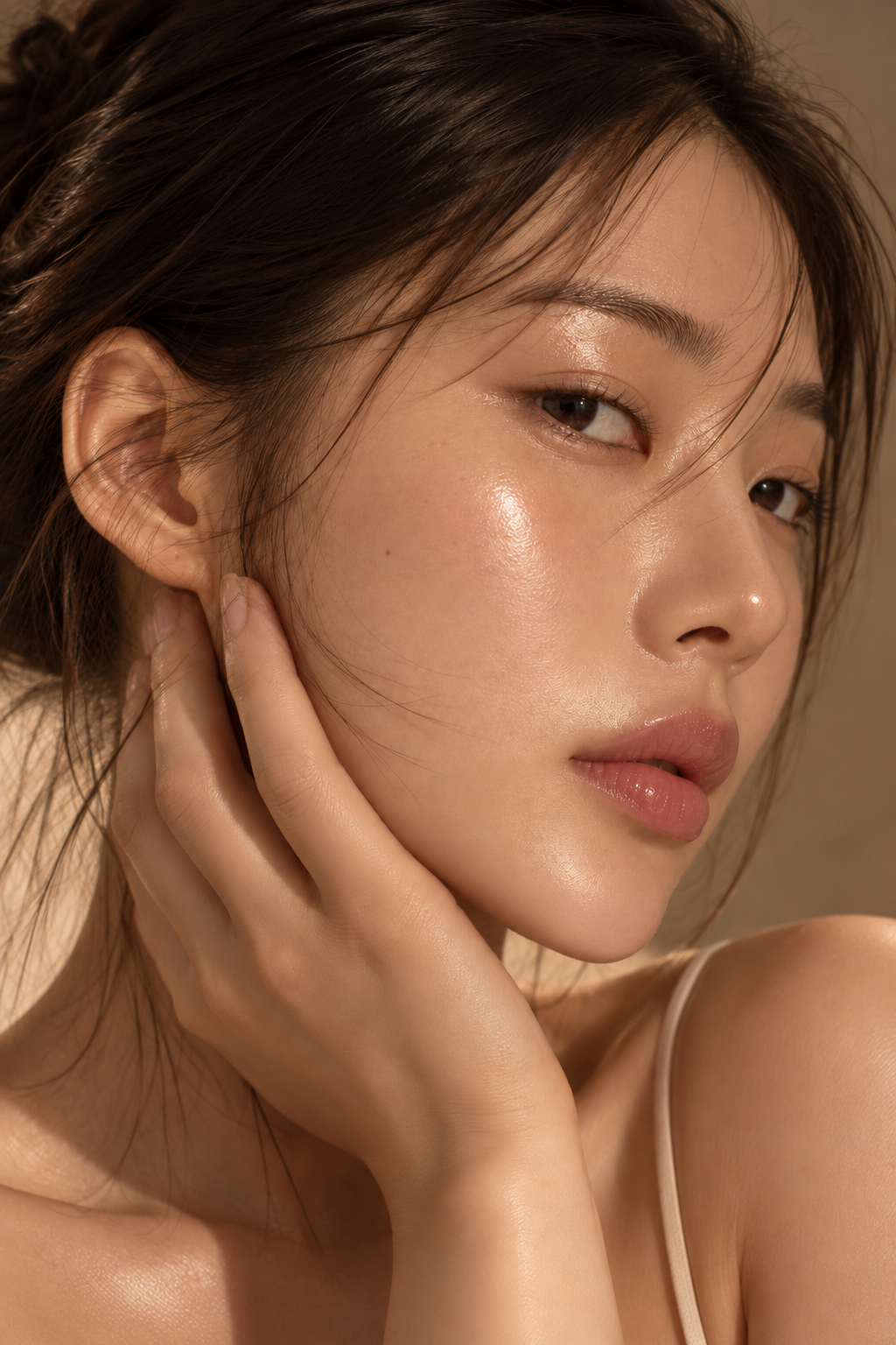 Close-up beauty portrait of a woman with dewy skin, dark hair, and her hand resting against her cheek