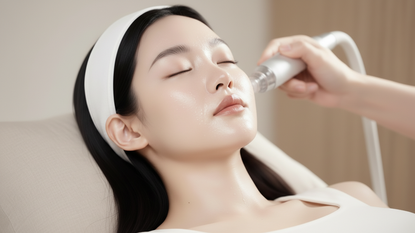 A woman receiving a facial treatment with a handheld hydrofacial device while lying down with eyes closed.