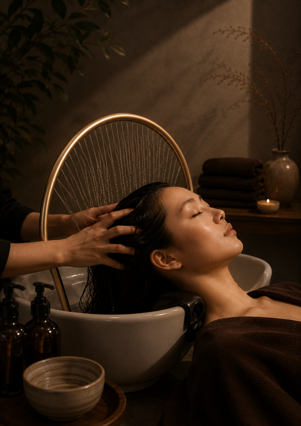 A woman with wet dark hair reclining on a curved chair, with water being poured over her head from a fountain-like fixture attached to the chair.