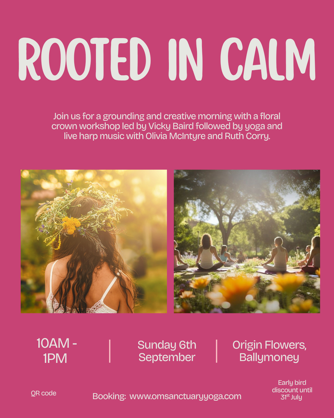 Pink poster with flower crown and yoga class
