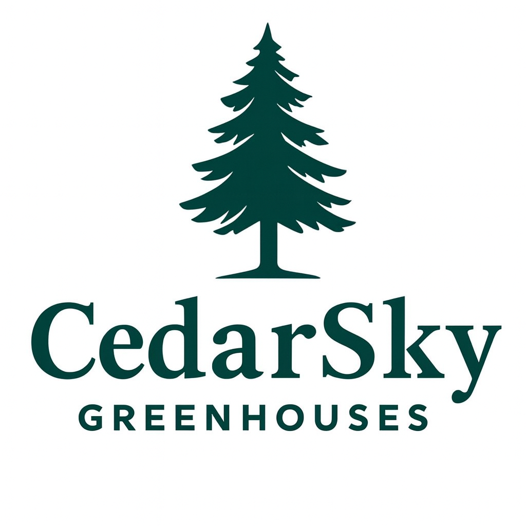 Logo of CedarSky Greenhouses featuring a dark green stylized tree with the words 'CedarSky Greenhouses' below.