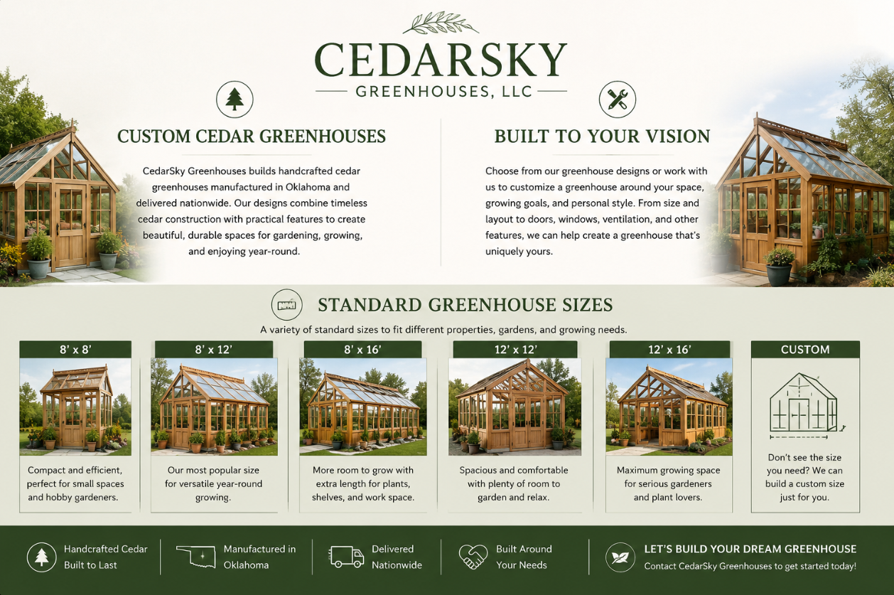 Custom Cedar Greenhouses CedarSky Greenhouses manufactures handcrafted cedar greenhouses in Oklahoma and delivers nationwide. We offer standard sizes including 8×8, 8×12, 8×16, 12×12, and 12×16, with custom sizes available.