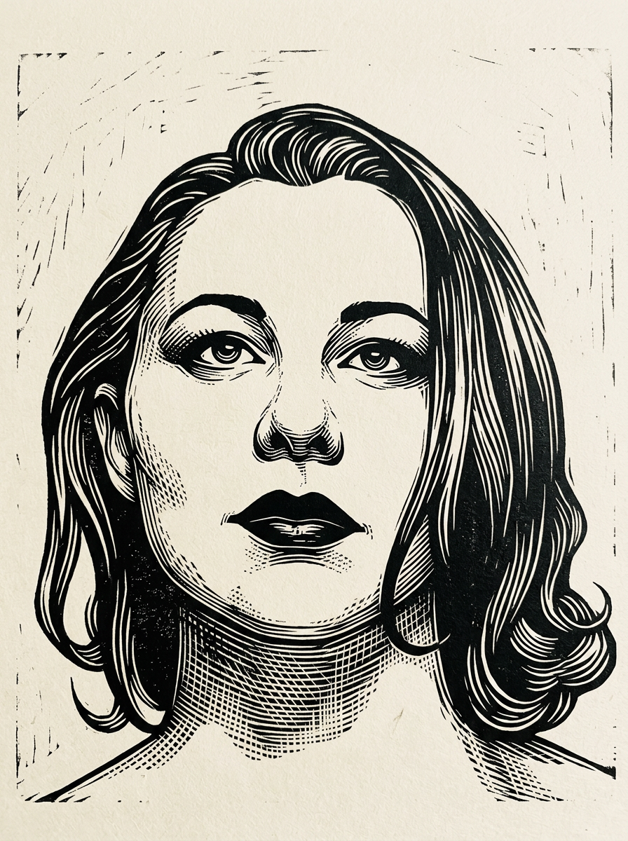 Black and white illustrated portrait of a woman with wavy hair, dark lipstick, and expressive eyes.