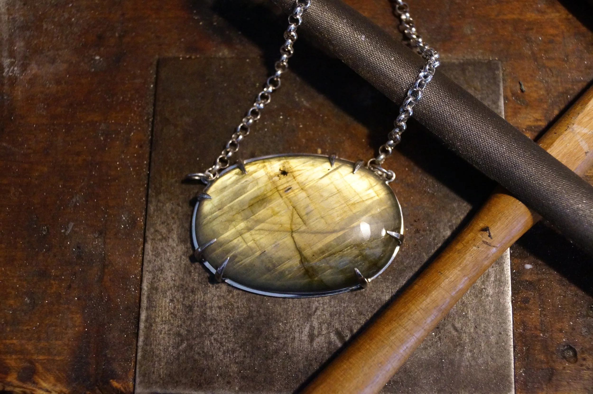 Large Glowing Labradorite in Sterling Claw Setting with 4mm Silver Rolo Chain and Sterling Handcuff Clasp