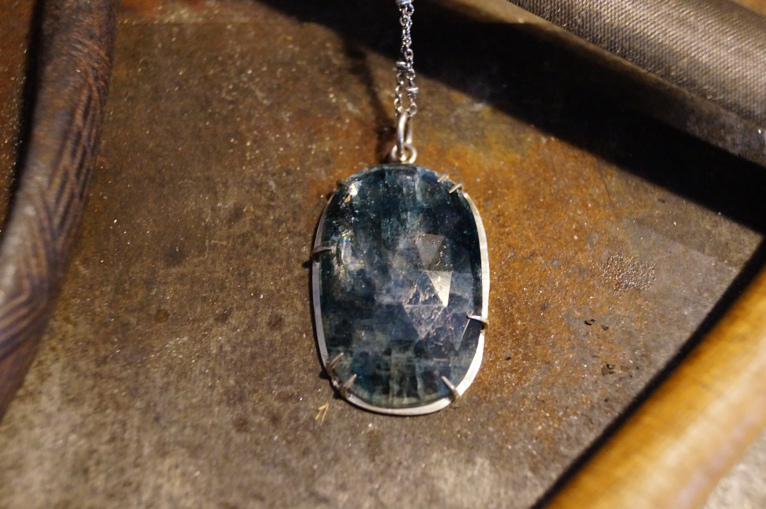 Rose Cut Blue Kyanite in a Sterling Claw Setting on a an Elegant Petite 18" Sterling Ball and Link Chain
