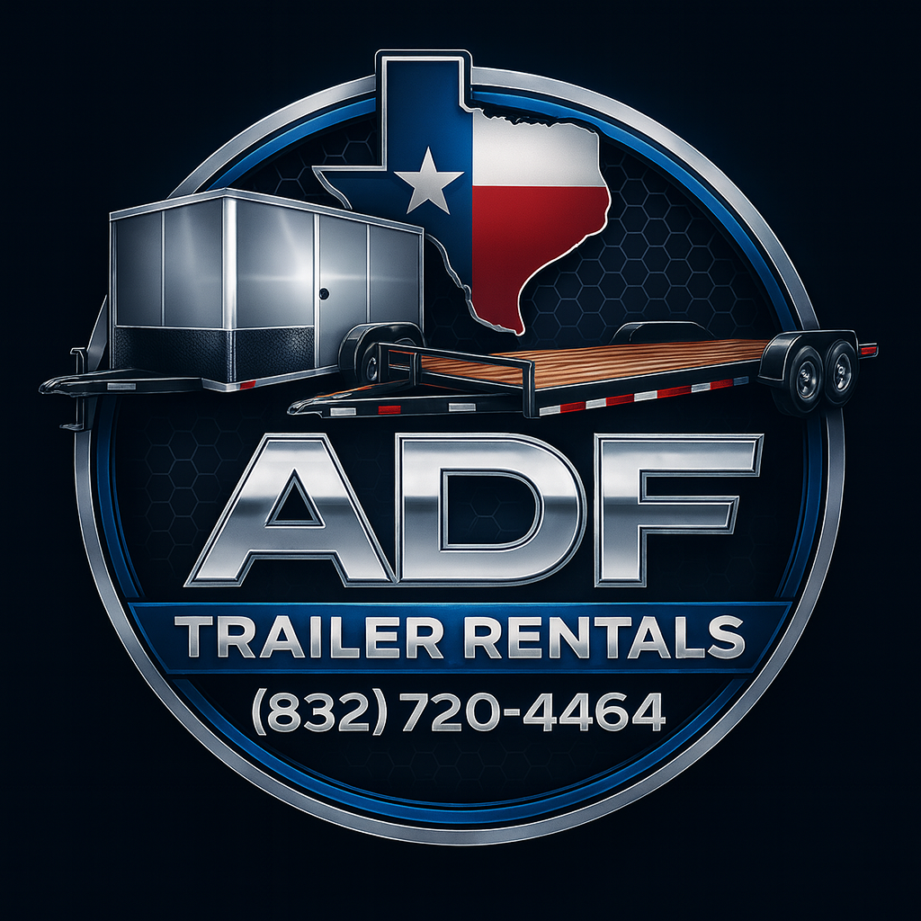 Logo for ADF Trailer Rentals featuring a Texas state outline with a star, an enclosed trailer, a flatbed trailer, and the Texas flag, with contact number (832) 720-4464.