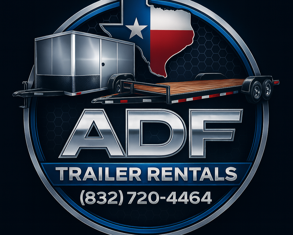 Logo for ADF Trailer Rentals, featuring a trailer, a flatbed, Texas state outline with a star, and contact number.