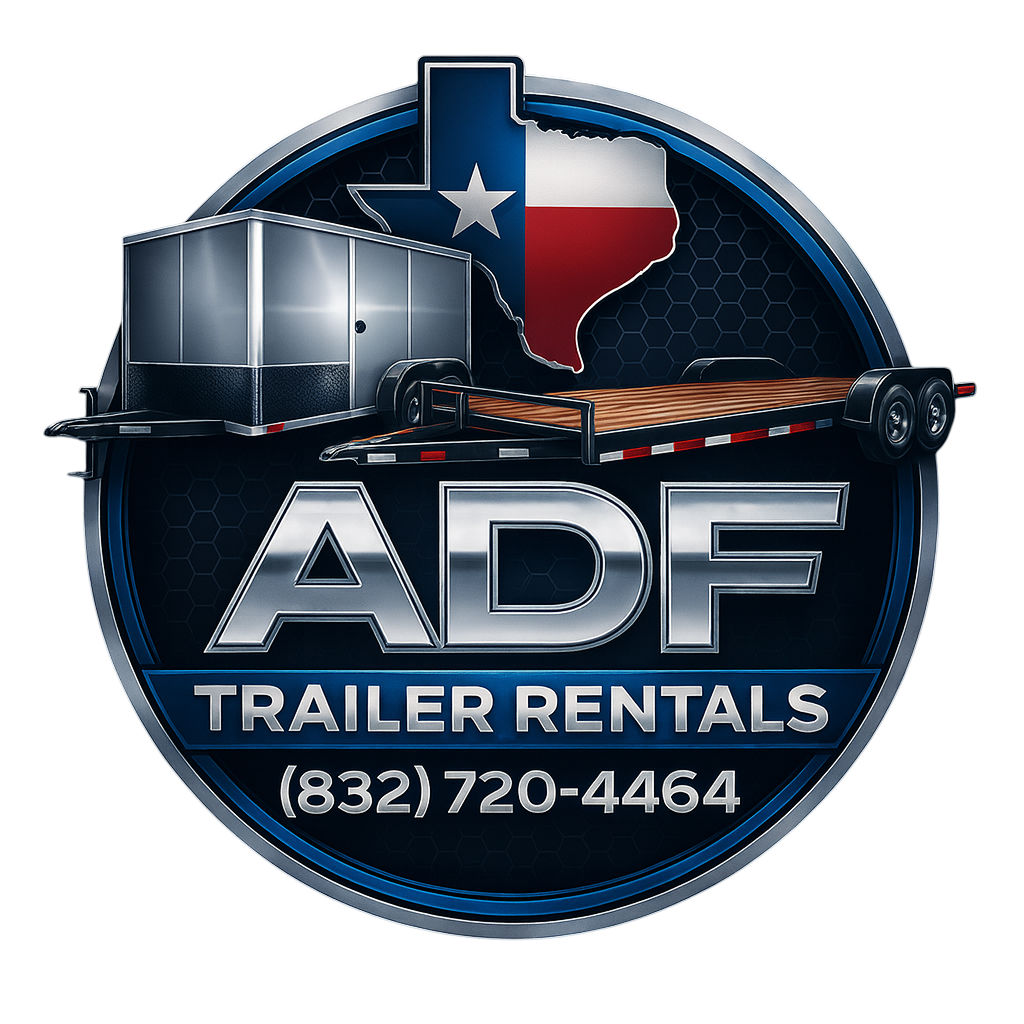 Logo for ADF Trailer Rentals with a trailer, a Texas state outline with a flag, and a phone number