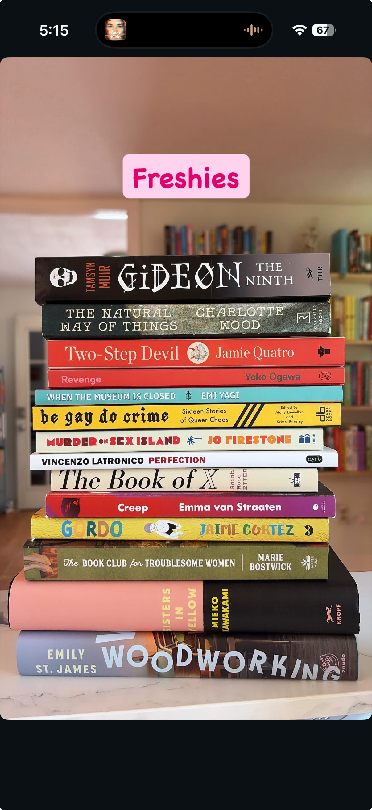 Stack of 15 books with titles including 'Gideon the Ninth', 'The Natural Way of Things', 'Two-Step Devil', 'Revenge', 'When the Museum is Closed', 'Be Gay Do Crime', 'Murder on Sex Island', 'Perfection', 'The Book of X', 'Creep', 'Gordo', 'The Book Club for Troublesome Women', 'Woodworking', among others, in a room with bookshelves in the background.