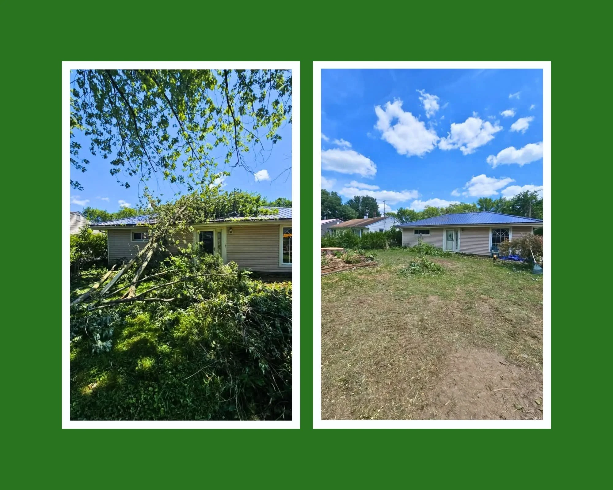 Comparison of a house with a fallen tree in the yard on the left and a cleared yard on the right under a blue sky with clouds.