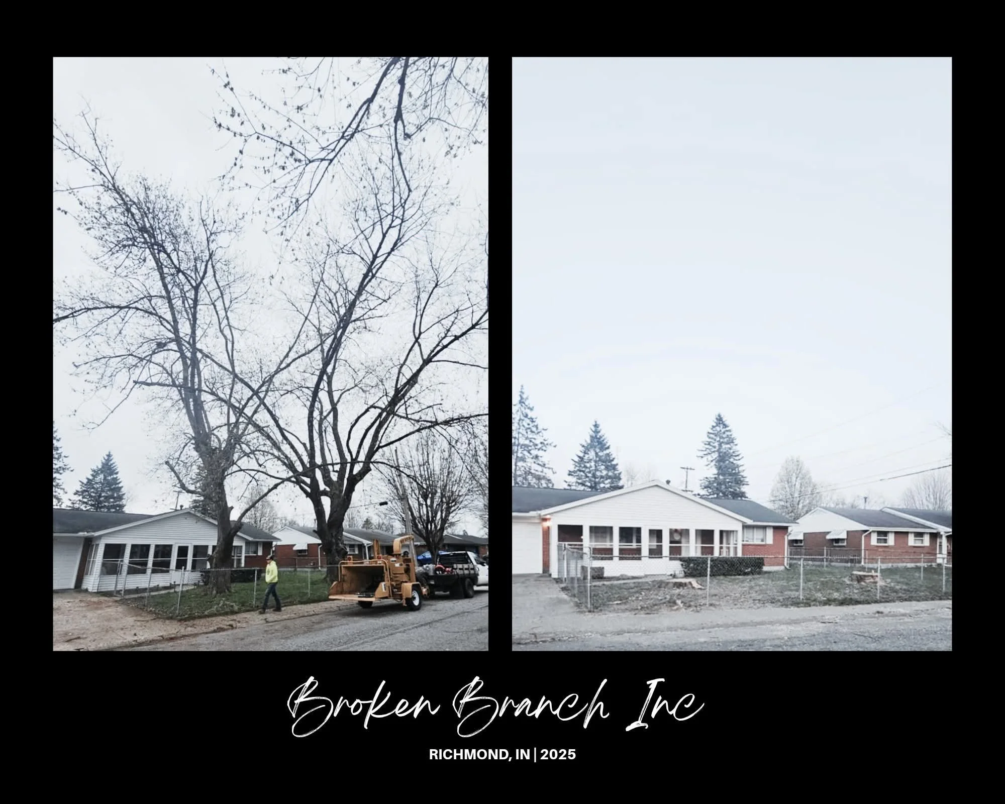 Comparison of a house with large leafless trees before and after pruning, with a man and construction equipment in front of the house. Text overlay reads 'Broken Branch Inc, Richmond, IN, 2025'.