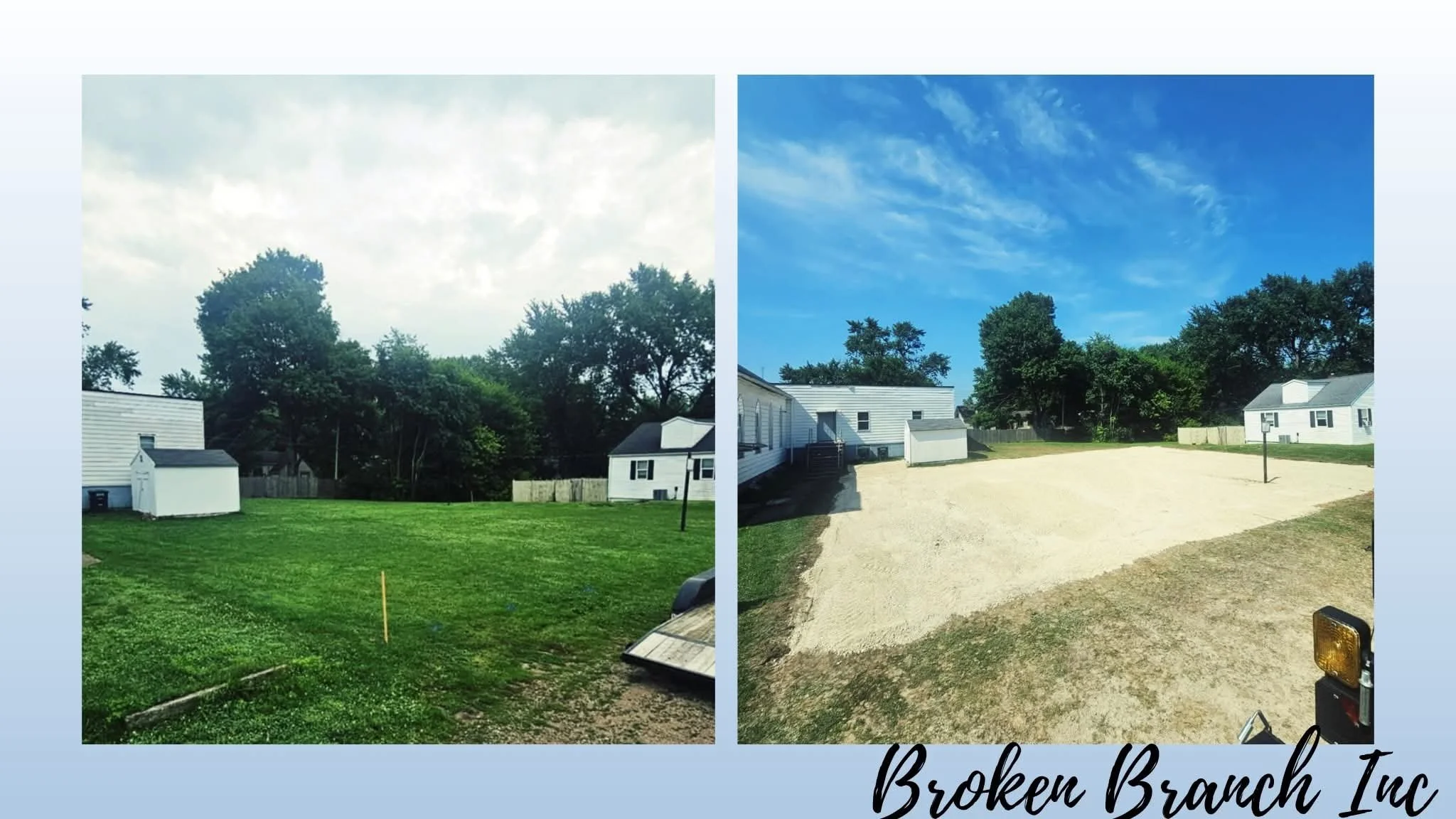 Side-by-side comparison of a backyard before and after The left shows a grassy area with a small white shed, trees and a partly cloudy sky. The right shows the same area with a gravel surface, a basketball hoop, and similar background trees with a clear blue sky.