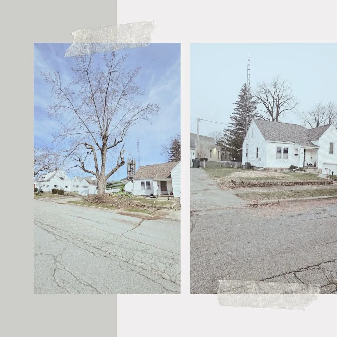 Comparison of two houses in a neighborhood, showing damage to a tree and property on the left, and an undamaged house on the right.