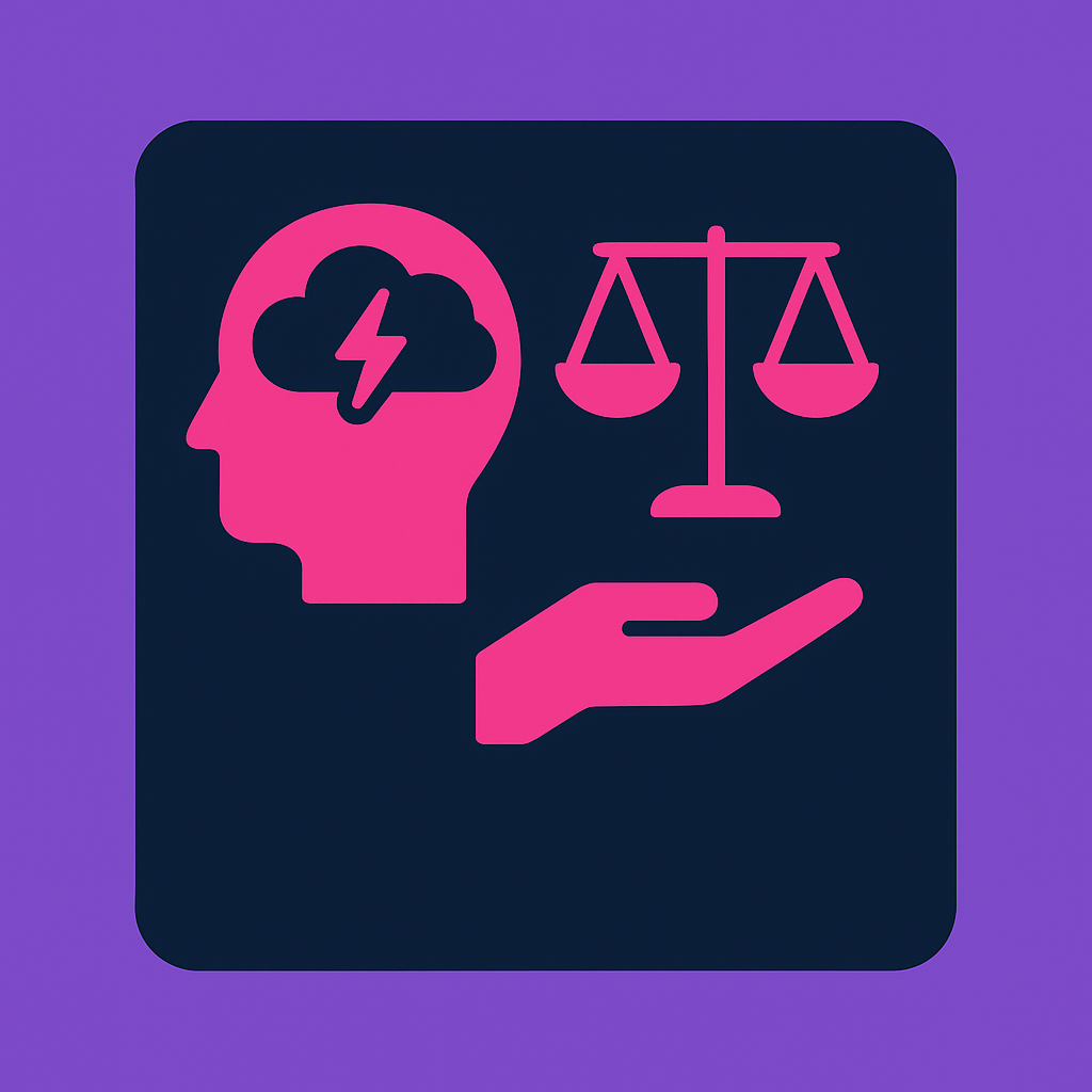 A graphic icon with a pink silhouette of a head with a cloud and lightning bolt inside, a hand holding a scale, symbolizing mental health, justice, or balance.