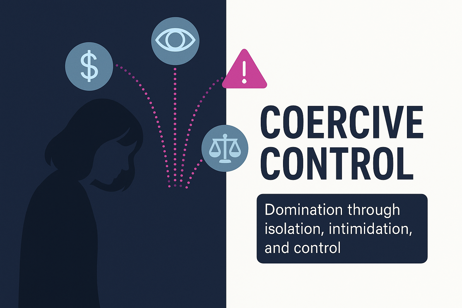 Silhouette of a person with icons representing money, surveillance, scale, and a warning symbol, alongside the title 'Coercive Control' and a subtitle about domination through isolation, intimidation, and control.