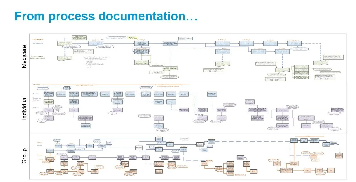 Flowchart titled 'From process documentation...' showing three sections labeled 'Medicare,' 'Individual,' and 'Group,' each containing detailed process diagrams with boxes and arrows.