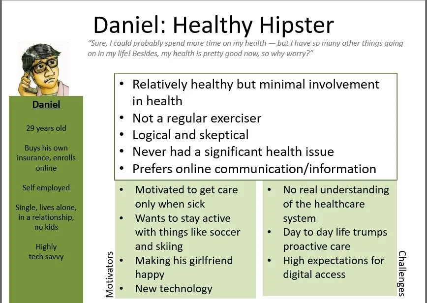 A profile of Daniel, a 29-year-old man who is relatively healthy but minimally involved in health, not a regular exerciser, logical and skeptical, with no significant health issues, preferring online information. He's self-employed, single, lives alone, and is highly tech-savvy.