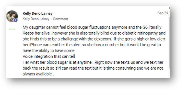 Screenshot of a Facebook comment discussing managing a daughter's blood sugar levels using the Dexcom device and iPhone alerts.
