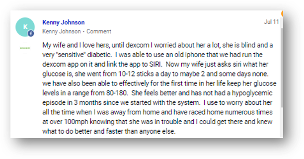 Screenshot of a Facebook comment by Kenny Johnson about using a Dexcom system to monitor his wife's blood glucose levels, including details about her diabetes and his efforts to manage her health.
