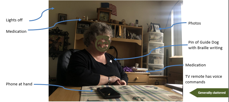A woman sitting at a cluttered desk with a phone at hand, surrounded by various objects including a TV remote with voice commands, medications, a photo, a pin with Braille writing, and notes on the wall, in an indoor setting with window light.