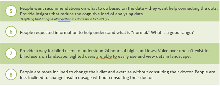 Screenshot of a document with numbered points discussing data analysis, user needs, and accessibility, with green highlighted sections and bullet points.