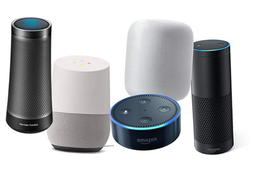 Collection of smart speakers including Fitbit, Google Nest Mini, Apple HomePod, Amazon Echo, and Amazon Echo Dot.