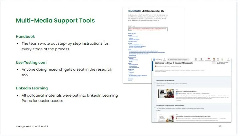 powerpoint slide titled multi media support tools. text on left, images on right of sample handbook and linkedin learning path