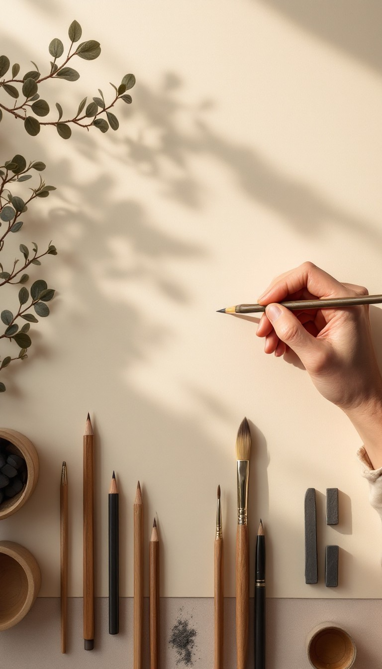 Artist's hand holding a paintbrush on a cream-colored surface surrounded by pencils, brushes, erasers, chalks, and small bowls, with a sprig of greenery and shadows.