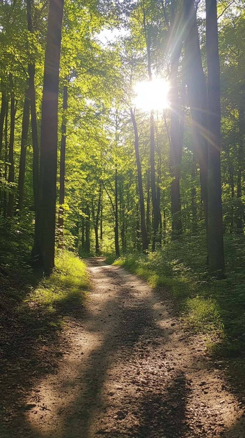 Sunlight shining through a dense green forest onto a winding path evoking the gentle life transitions supported at Sagelight Counseling Studio.