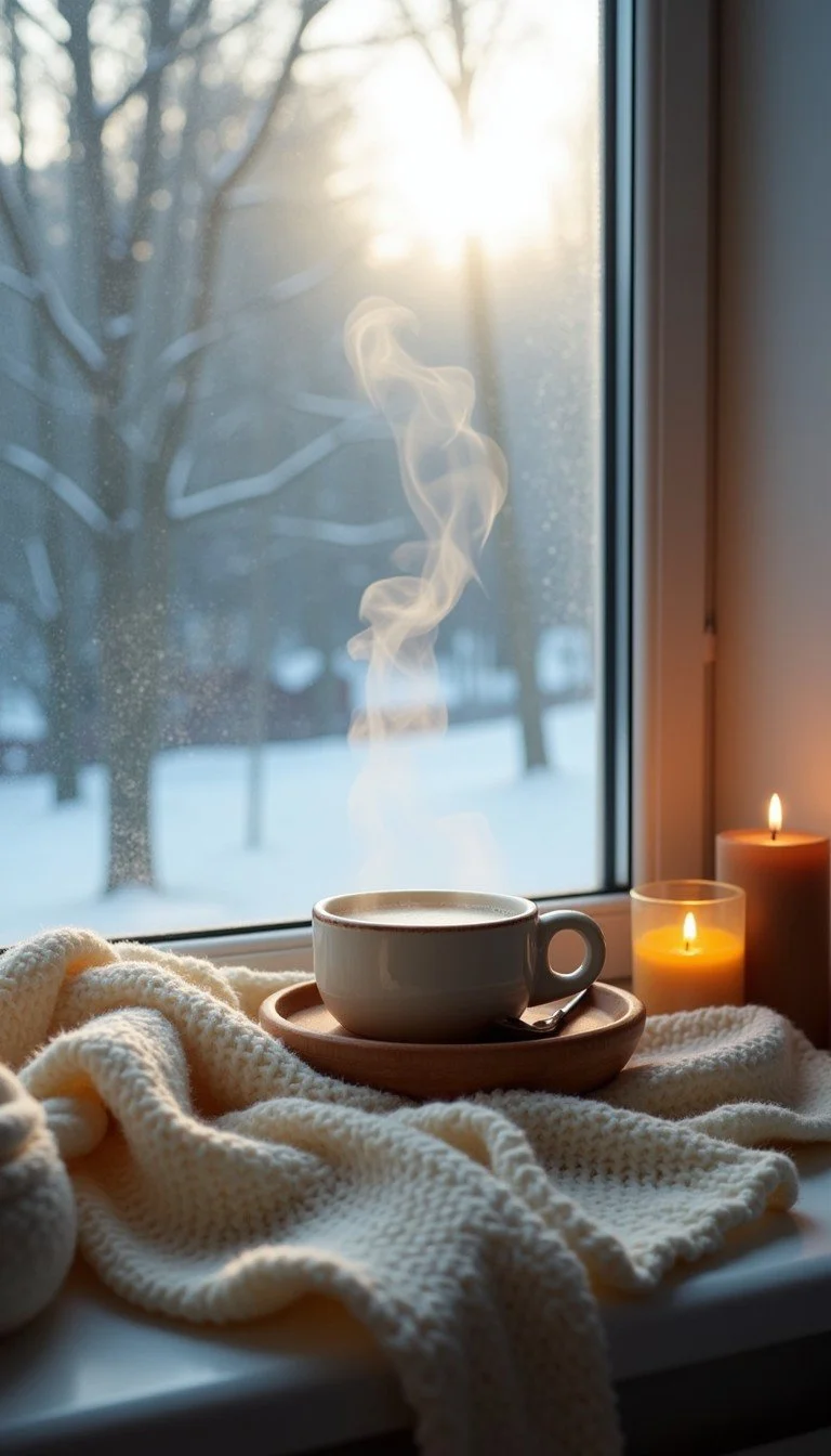 A steaming cup of coffee on a wooden saucer, placed on a cozy knitted blanket near a window with a snowy outdoor scene and trees. Candles are lit beside the cup reflecting the peaceful environment of Sagelight Counseling Studio..